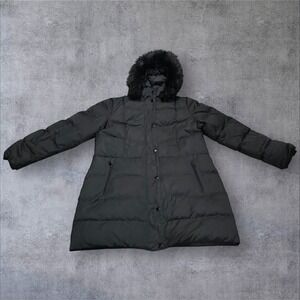Lands' End Down Jacket 14/16 Quilted Puffer Pockets Faux Fur Removable Hood